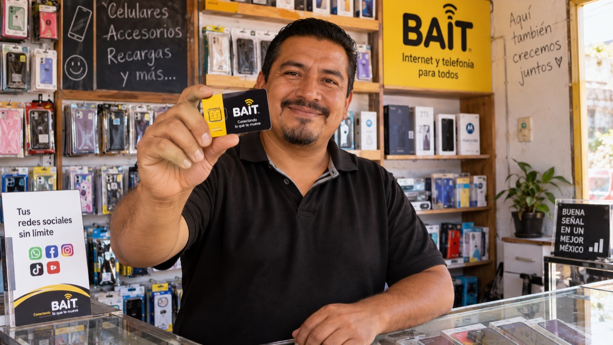 Distribuidor mostrando una SIM Bait en su punto de venta